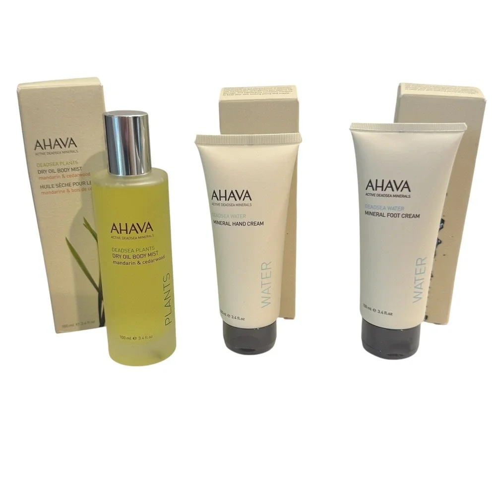 AHAVA Dead Sea Minerals 3pc Set Dry Oil Body Mist Hand & Foot Cream with Bag